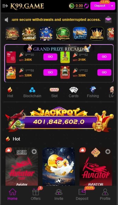 K99 Game mobile app dashboard showing the main user interface with game categories, wallet balance section, navigation menu, and quick access buttons, displayed on an Android smartphone with a clean layout and easy-to-use design for new and experienced users